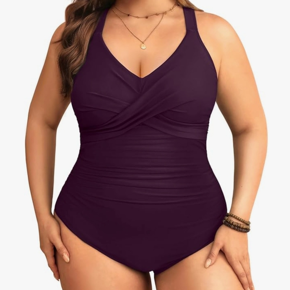 Aqua Eve Plum One-Piece Swimsuit with V-Neckline ❤️